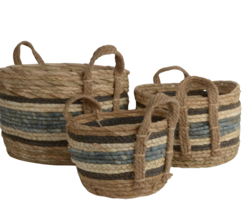 Straw & Corn Baskets - Blue Stripes