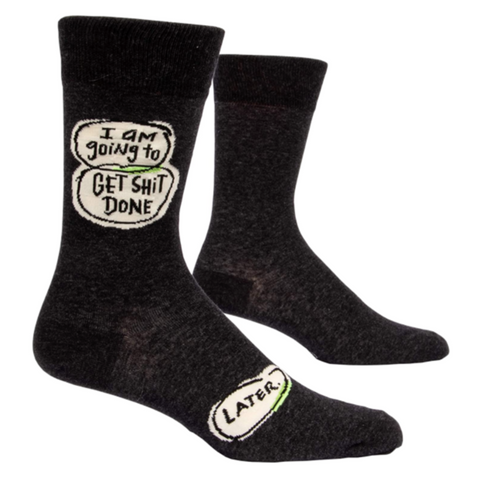 A pair of men's socks with a panoramic design featuring text 'I am going to GET SHIT DONE LATER' in a dark grey and magnolia color way.