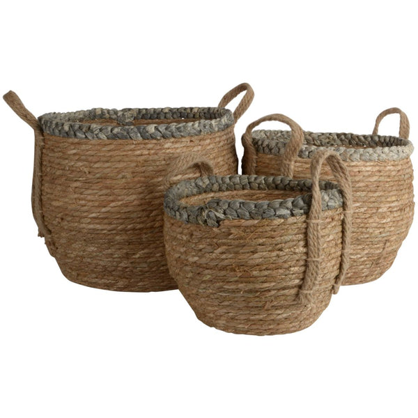 Straw Basket With Grey Braid Rim