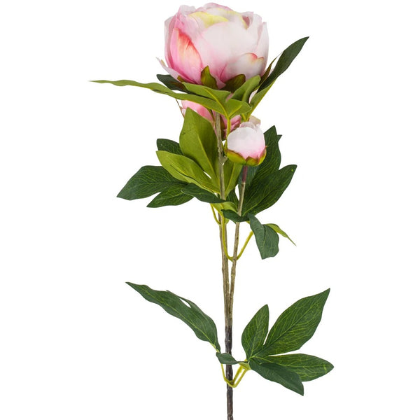 A single light pink artificial peony stem with green leaves.