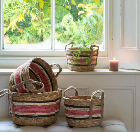 Natural/Rose Corn And Straw Basket With Handles