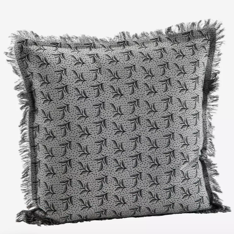 Printed Cushion Cover w/ Fringes - Grey