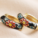 Black Cloisonné Hoop Earrings in Gold