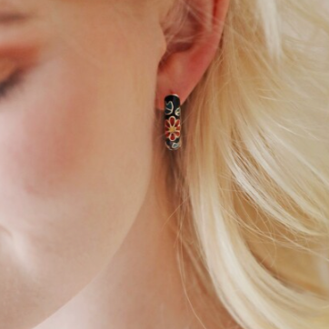 Black Cloisonné Hoop Earrings in Gold