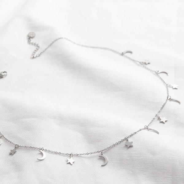 Lisa Angel Silver Stainless Steel Star & Moon Charm Necklace