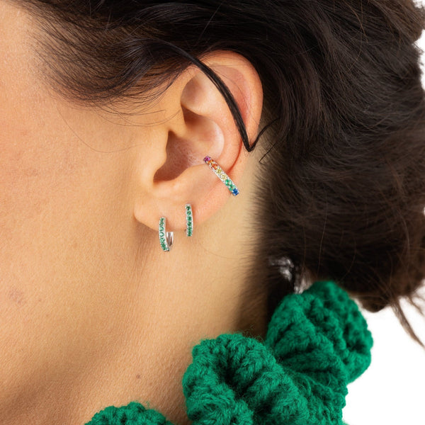 Scream Pretty Huggie Earrings with Green Stones - Sterling Silver