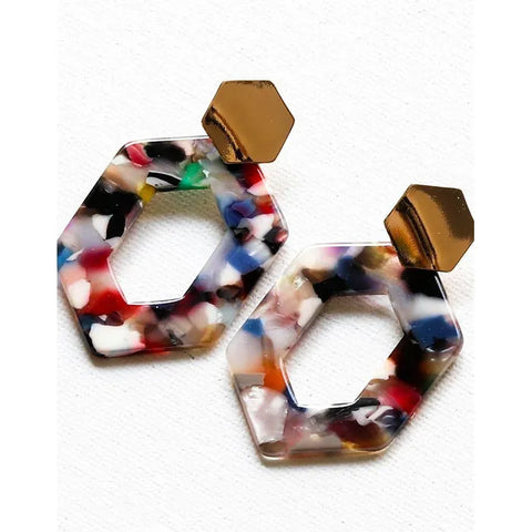 Ines Resin Hexagon Earrings - Pink/Green