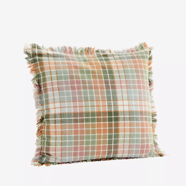 Checked Cushion Cover w/ Fringes - Green, Peach